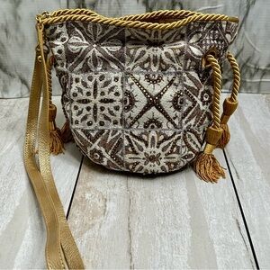 Romantic Victorian Tapestry Crossbody Bag Purse Tasseled Gold Rope Drawstring